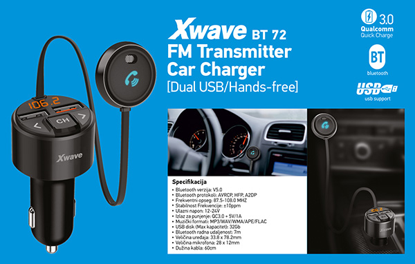 Xwave BT72 FM transmiter za kola,Bluetooth,LCD,mp3,wma,flac,2xUSB,QC3.0 brzo punjenje - Слика 5