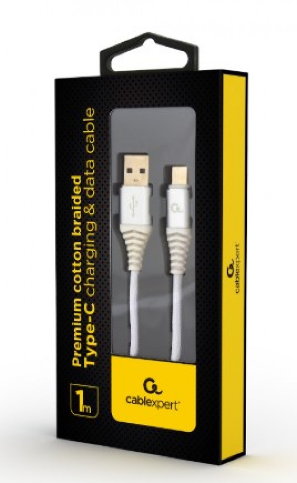 CC-USB2B-AMCM-1M-BW2 Gembird Premium cotton braided Type-C USB charging -data cable,1m, silver/white - Слика 2