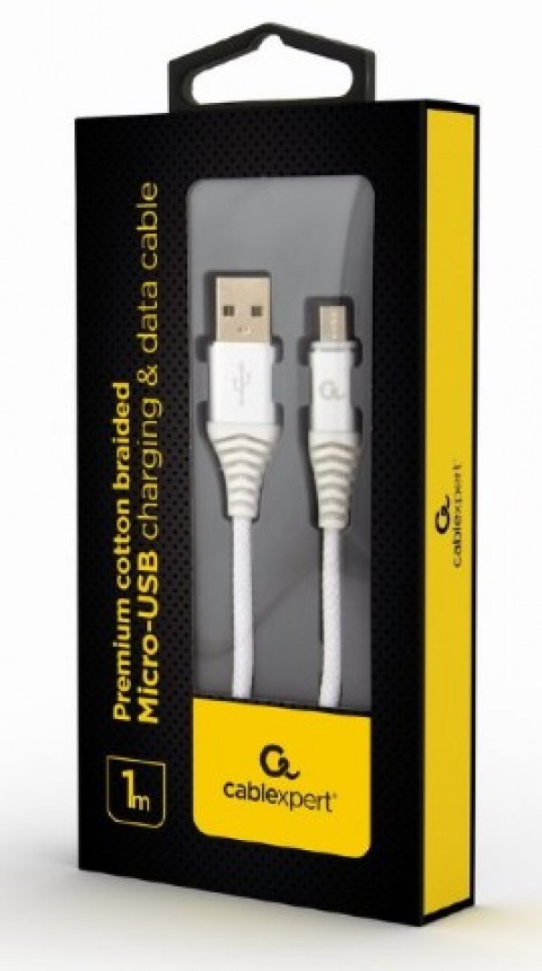 CC-USB2B-AMmBM-1M-BW2 Gembird Premium cotton braided Micro-USB charging -data cable,1m, silver/white - Слика 2