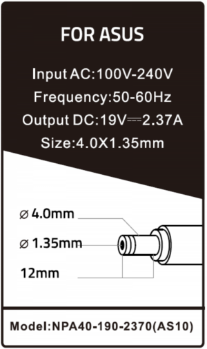 NPA40-190-2370 (AS10) ** Gembird punjac za laptop 40W-19V-2.37A, 4.0x1.35mm black (780 Alt=AS14)