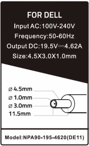 NPA90-195-4620 (DE11) ** Gembird punjac za laptop 90W-19.5V-4.62A, 4.5x3.0mm  Black PIN (983)