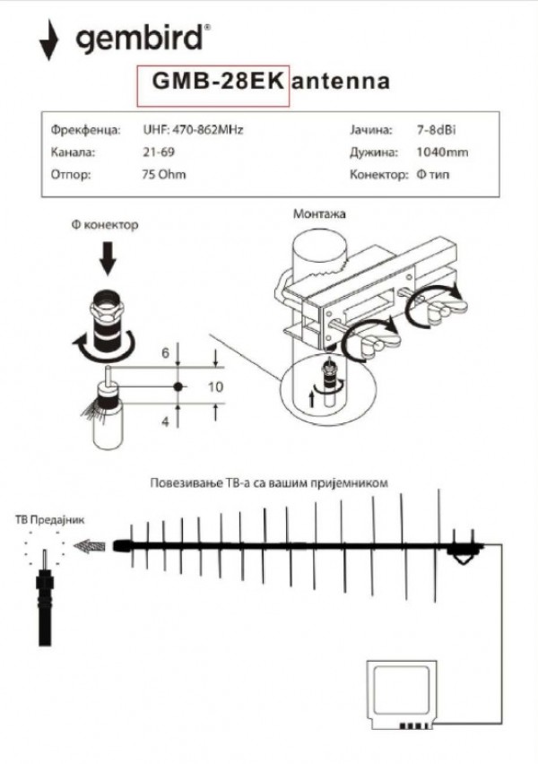 GMB-28EK **Gembird Antena Loga UHF sa F konektorom 28 elemenata, dužina 104cm, dobit 9dB alumini.696 - Слика 2