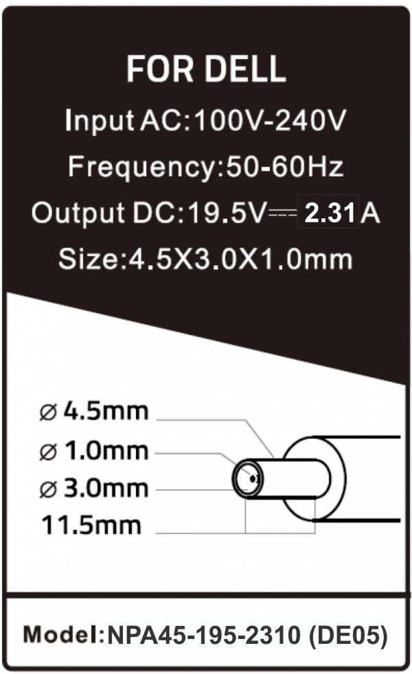NPA45-195-2310 (DE05) **Gembird punjac za laptop 45W-19.5V-2.31A, 4.5x3.0mm Black PIN (983 Alt=DE07 - Слика 4