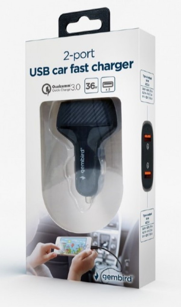 TA-U2QC3-CAR-01 Gembird QC3.0 brzi auto punjac 2xUSB, 36W 3.6-6.5V/3A, 6.5-9V/2A, 9-12V/1.5A FO - Слика 4