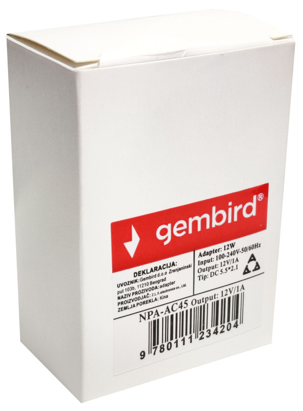 NPA-AC45** Gembird punjac 12v/1A 12W, 1m kabl, Coper napajanje, DC 5.5x2.1mm (alt. npa-ac91 223) - Слика 2