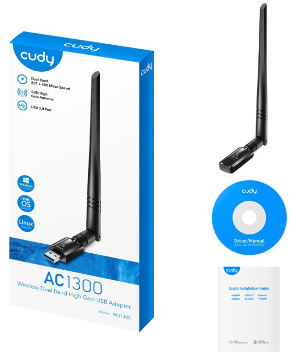 Cudy WU1400 AC1300 Wi-Fi USB 3.0 Adapter,2.4+5Ghz,5dBi high gain detach.antenna,AP(Alt.U1,U6) - Слика 4