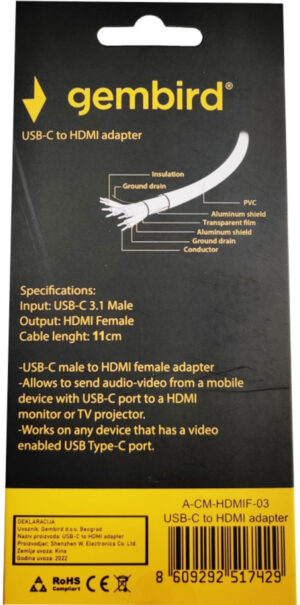 A-CM-HDMIF-03 ** Gembird TYPE-C TO HDMI 11cm CABLE (alt.A-CM-HDMIF-01, A-USB3C-HDMI-01 479)