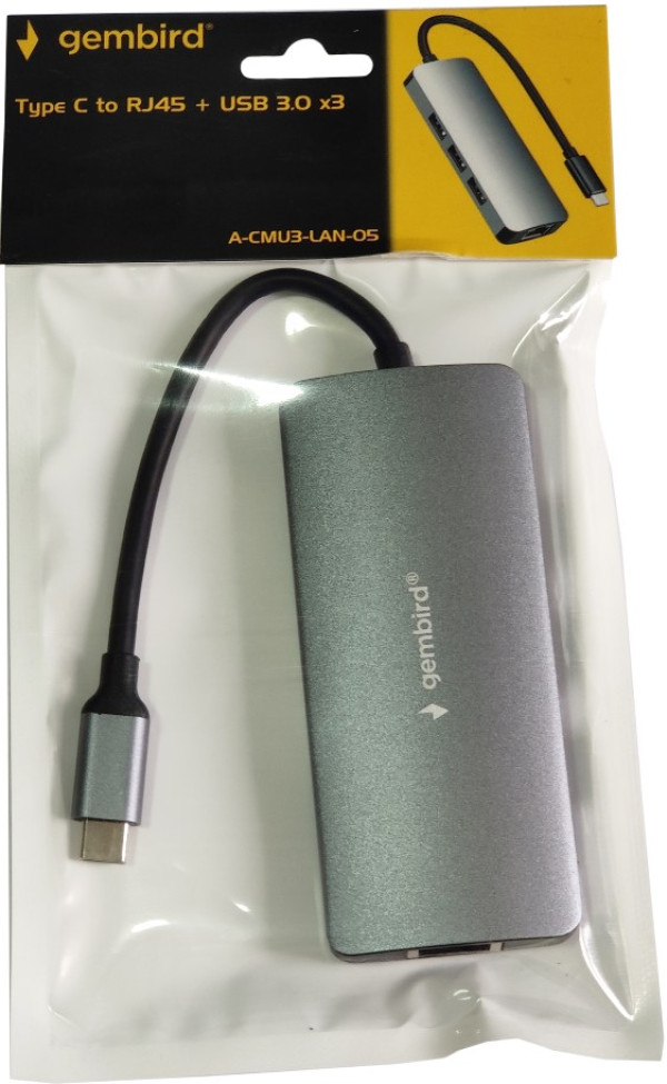 A-CMU3-LAN-05 ** Gembird TYPE C TO RJ45 gigabit + 3xUSB3.1 hub ALUMINIUM (alt. A-CMU3-LAN-01 1077) - Слика 2