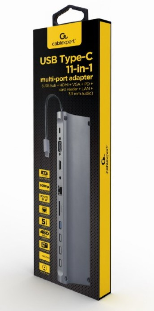 A-CM-COMBO11-01 Gembird USB Type-C 11-in-1 multi adapter USB hub+HDMI+VGA+PD+card reader+LAN+3,5mm A - Слика 2