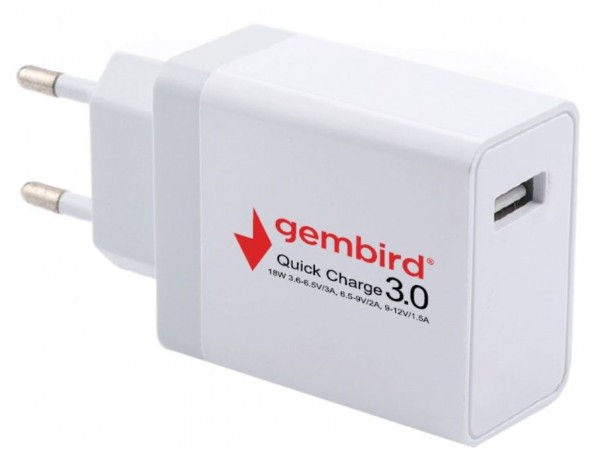NPA-AC36 ** Gembird QC3.0 brzi punjac +Type C USB kabl,18W 3.6-6.5V/3A, 6.5V-9V/2A, 9V-12V/1.5A(351) - Слика 2