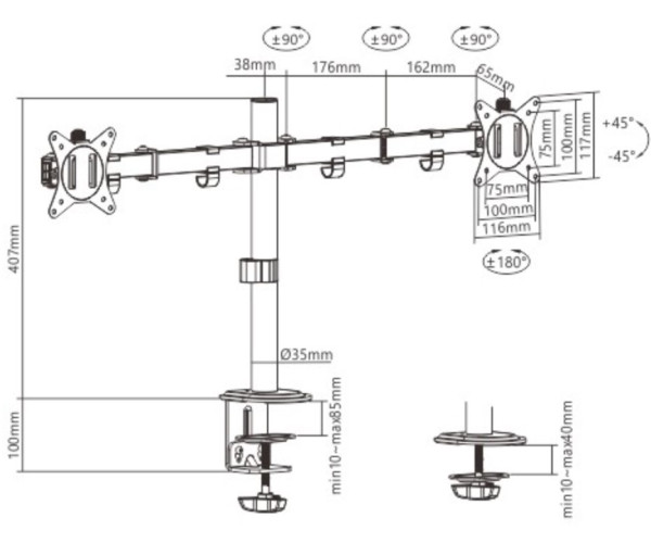 MA-D2-01 Gembird Podesivi dupli stoni drzac za monitor, tilt, 17-32 max.2x9kg (alt. MA-DF2-01) - Слика 2