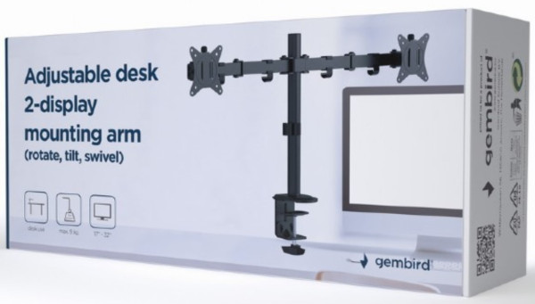 MA-D2-01 Gembird Podesivi dupli stoni drzac za monitor, tilt, 17-32 max.2x9kg (alt. MA-DF2-01) - Слика 3