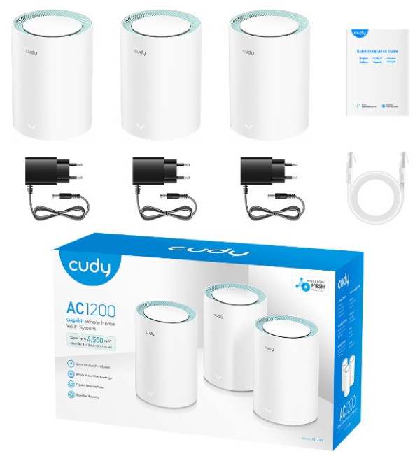 Cudy M1300 3-pack AC1200 Dual Band 2.4Ghz+5Ghz WiFi MESH, GiGABIT, 4x Antena 16MB/128DDR, 16/128mb - Слика 4