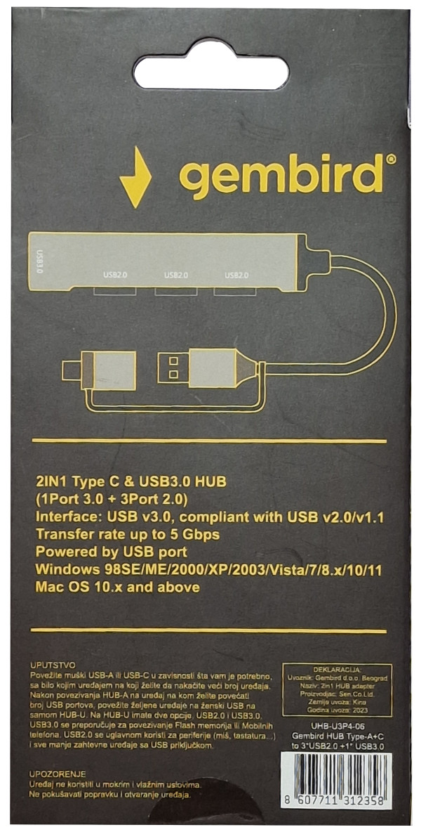 UHB-U3P4-06 ** Gembird HUB Type-A+C to 3*USB2.0 + 1*USB3.0 Aluminum (287) - Слика 4