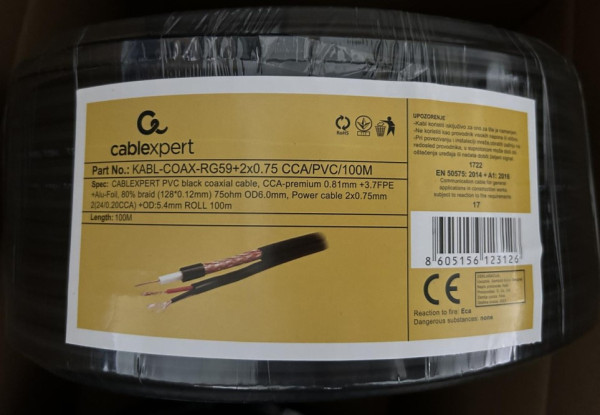 GEMBIRD KABL-COAX-RG59+2X0.75 CCA/PVC/100M Koaksialni kabl sa napojnim kablom 2x0,75mm black 100m - Слика 4