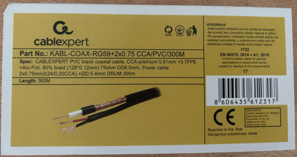 GEMBIRD KABL-COAX-RG59+2X0.75 CCA/PVC/300M Koaksialni kabl sa napojnim kablom 2x0,75mm black 300m - Слика 3