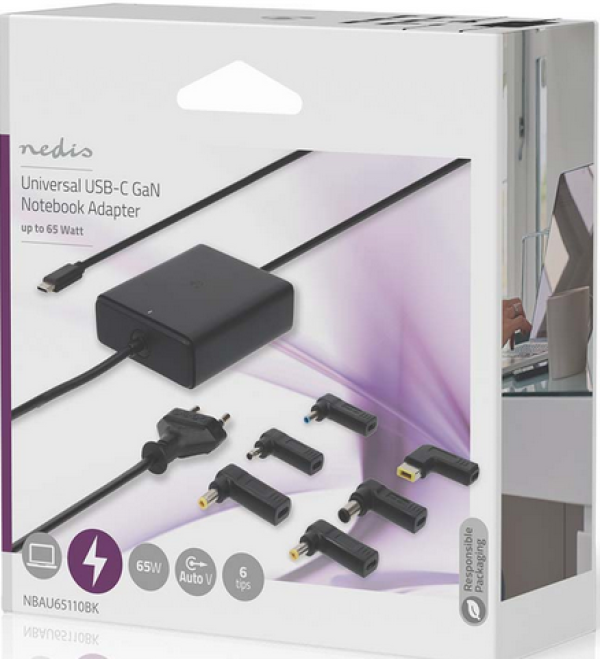 NEDIS NBAU65110BK Univerzalni punjač 65W za notebook računare sa USB-C konektorom i podrškom za napajanje - Слика 4