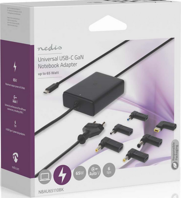 NEDIS NBAU65110BK Univerzalni punjač 65W za notebook računare sa USB-C konektorom i podrškom za napajanje - Слика 5