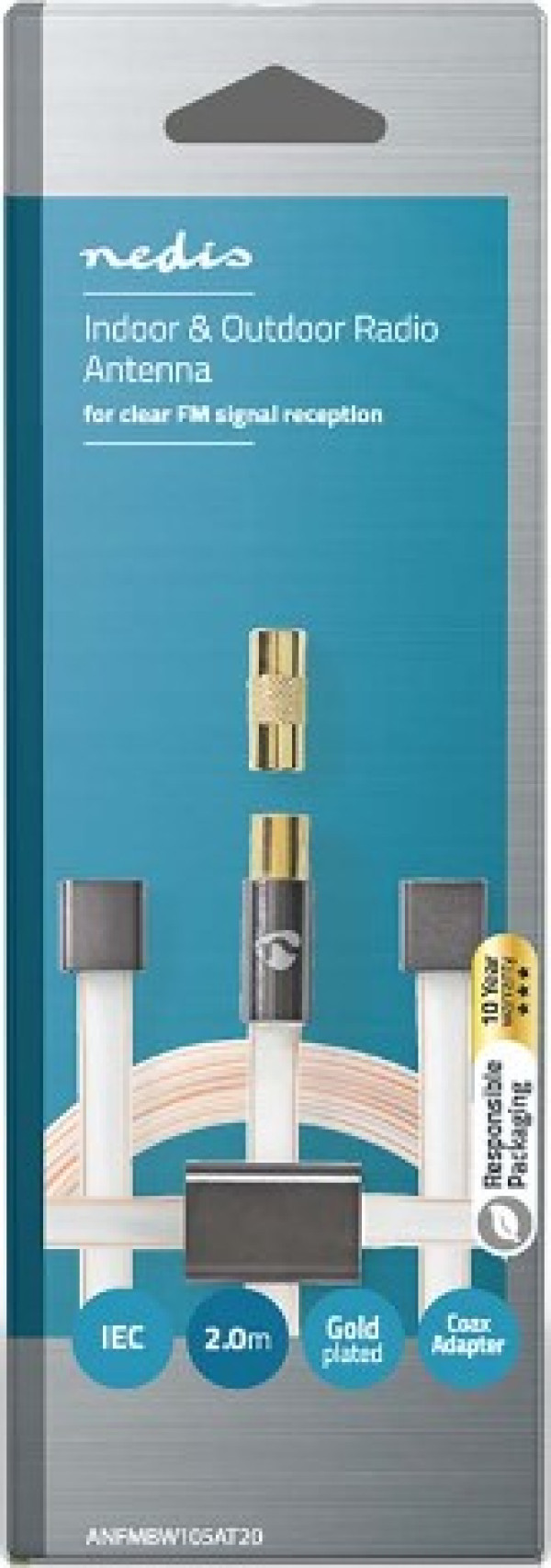 NEDIS ANFMBW105AT20 FM Antena IEC koaksijalni muški, Gold Plated, 50Ohm, Unshielded, 2m, PVC - Слика 6