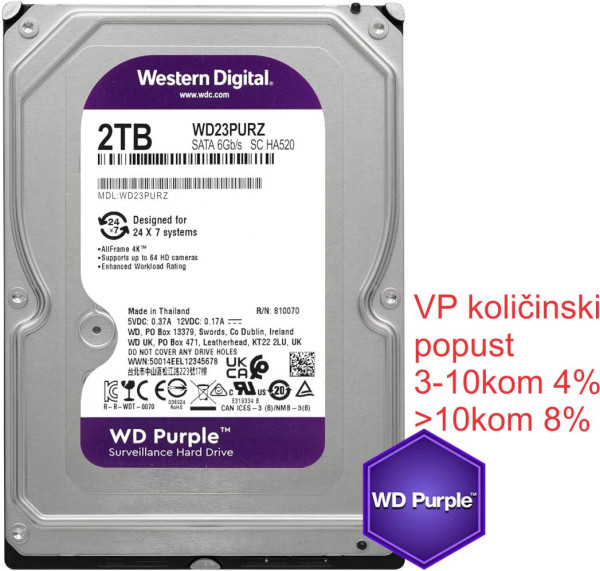 HDD 3.5 ** 2TB WD23PURZ WD Purple 24/7 5400RPM 64MB SATA3 - Слика 3