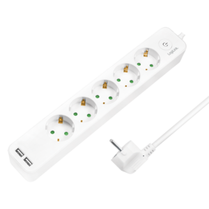 Logilink produžni kabl 5 mesta, 2 USB, prekidač, 1.5m, beli