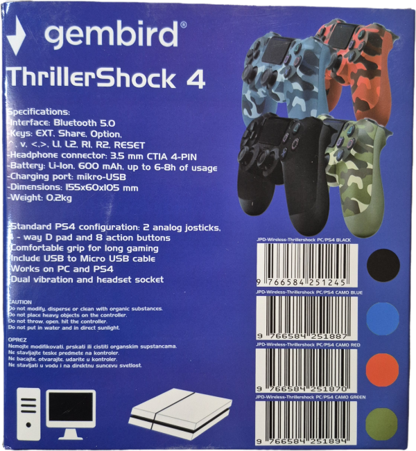 JPD-Wireless-Thrillershock PC/PS4 BLACK Gembird Bezicni gamepad sa dvostrukom vibracijom v2 - Слика 6