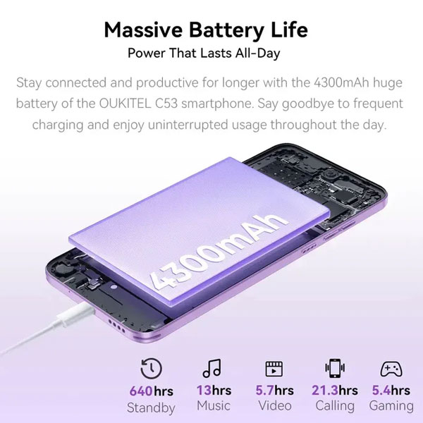 Oukitel C53 green Smart phone4G/Octa-Core/6.6"HD/64GB/4+4GB/13M/5MP/4300mAh/Android 14 - Слика 3