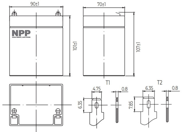 NPP NP12V-4.5Ah, AGM BATTERY, C20=4.5AH, T1, 90x70x101x107, 1,5KG, BLACK - Слика 2