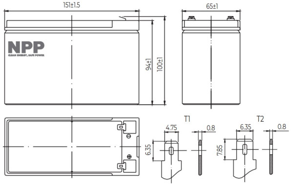 NPP NP12V-7Ah, AGM BATTERY, C20=7AH, T1, 151x65x94x100, 1,97KG, BLACK - Слика 2