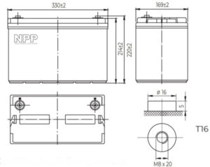NPP NPG12V-100Ah, GEL BATTERY, C20=100AH, T16, 330x171x214x220, 27,3KG, Light grey