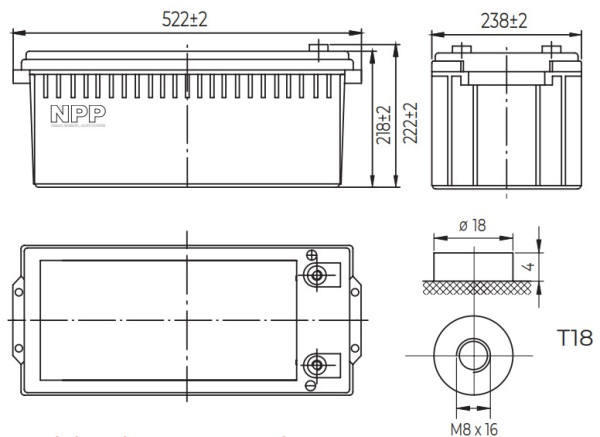 NPP NPG12V-200Ah, GEL BATTERY, C20=200AH, T16, 522x238x218x222, 52,8KG, Light grey - Слика 2