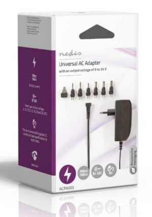 NEDIS ACPA003 Universal AC Power Adapter 24W, 9-24V DC 1.80m 1.0-1.5A 6plug(s) Black
