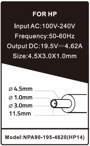NPA90-195-4620 (HP14) ** Gembird punjac za laptop 90W-19.5V-4.62A, 4.5x3.0mm blue PIN (1106)