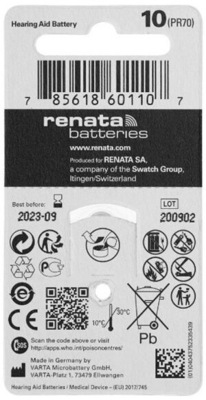 Renata baterija ZA10 1,45V Zink-Air baterija za SLUSNI APARAT,PAK6 (cena po kom.)