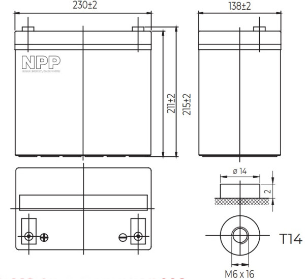 NPP NPG12V-55Ah, GEL BATTERY, C20=55AH, T14, 230*138*208*212, 15KG, Light grey - Слика 2