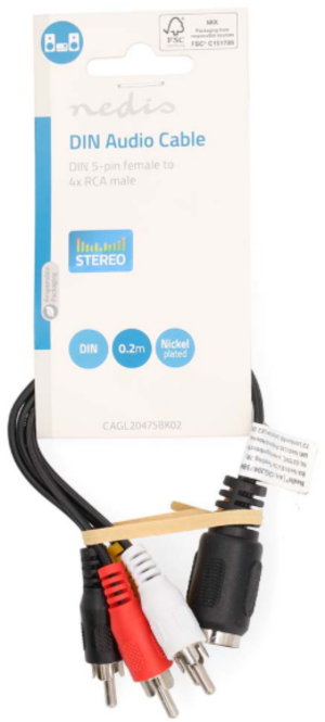 NEDIS CAGL20475BK02 DIN Audio Kabl, DIN 5-Pin Zenski, 4x RCA Muski, Niklovan, 0.20 m, Okrugli, PVC, Crni
