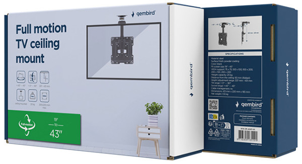 CM-43ST-01 Gembird TV plafonski nosac, VESA max. 20x20cm, 19-43inc max.20kg Udaljenost 337-431mm - Слика 9