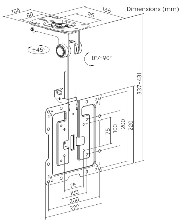 CM-43ST-01 Gembird TV plafonski nosac, VESA max. 20x20cm, 19-43inc max.20kg Udaljenost 337-431mm - Слика 2