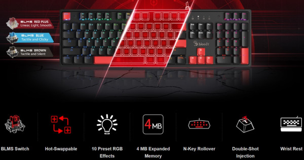 A4 TECH A4-S525N A4Tech Bloody Mehanicka RGB Gejmerska tastatura + Oslonac za zglob - Слика 4