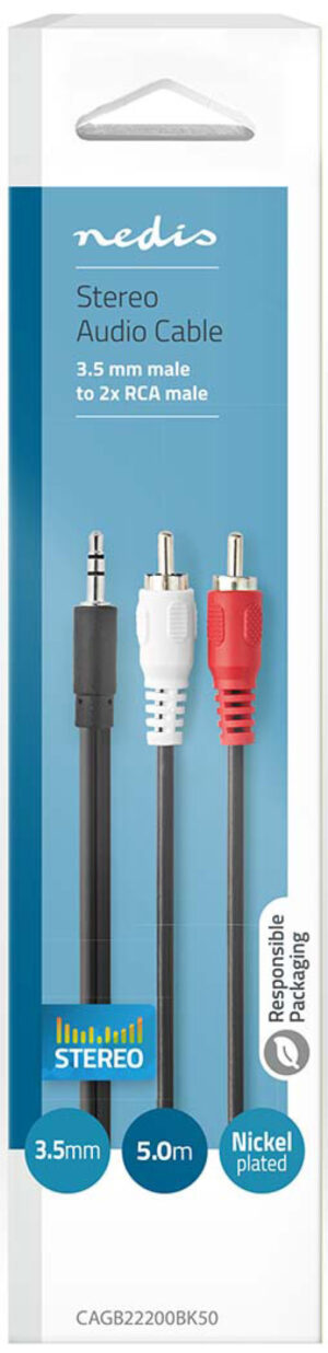 NEDIS CAGB22200BK50 Stereo audio kabl, 3,5 mm muški, 2x RCA muški, Niklovani, 5,00 m, Crni
