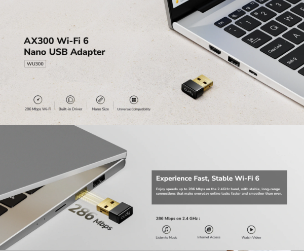 Cudy WU300, AX300 Wi-Fi 6 Nano USB adapter, 2.4 GHz, 286 Mbps - Слика 2