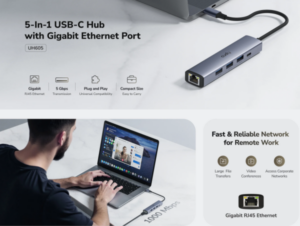 Cudy UH605 1.0,5-In-1 USB-C Hub with Gigabit Ethernet Port,3× USB-A 3.2 Gen 1 (5 Gbps),25cm