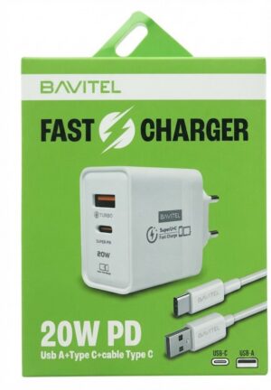 BAVIN Bavitel punjač 20W PD Usb A+ Type C +kabl Usb A/ Type C bela