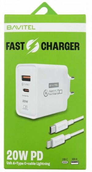 BAVIN Bavitel punjač 20W PD Usb A+ Type C +kabl Type C/ Lightning bela