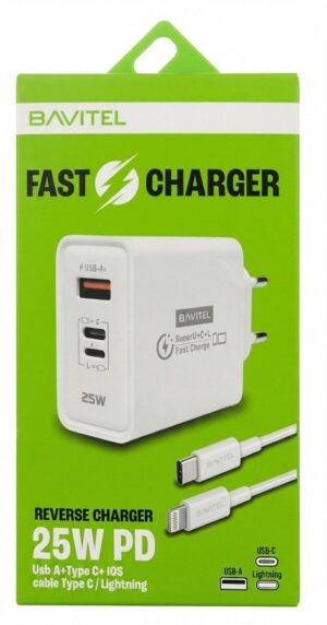 BAVIN Bavitel punjač 25W Usb A+ Type C + Lightning port + kabl Type C/Lightning bela