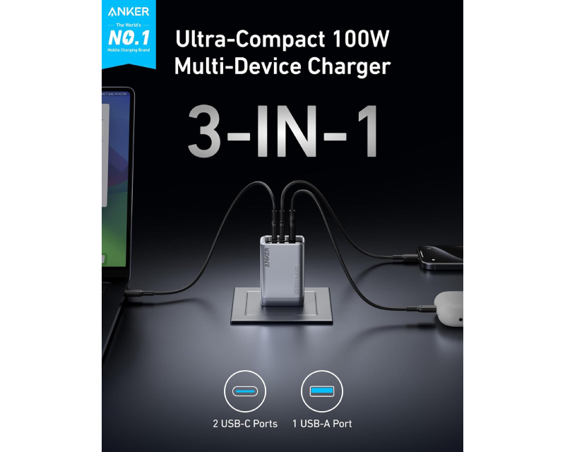 ANKER Prime 100W GaN zidni brzi punjač, 3-porta (2x USB-C i 1x USB-A) srebrni - Слика 6