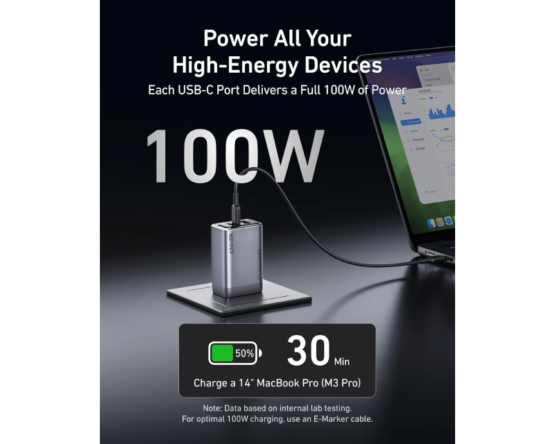 ANKER Prime 100W GaN zidni brzi punjač, 3-porta (2x USB-C i 1x USB-A) srebrni - Слика 4