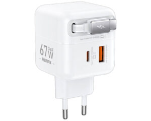 REMAX Strujni Fast teleskopski punjac Dolly GAN (1x USB Tip-A 3.0 +1x USB Tip-C) 67W, sa integrisanim USB Tip-C kablom 0.5m, beli