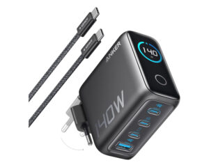 ANKER 140W GaN zidni brzi punjač, 4-porta (3x USB-C, 1x USB-A) sa USB-C M/M pletenim kablom, tamno sivi
