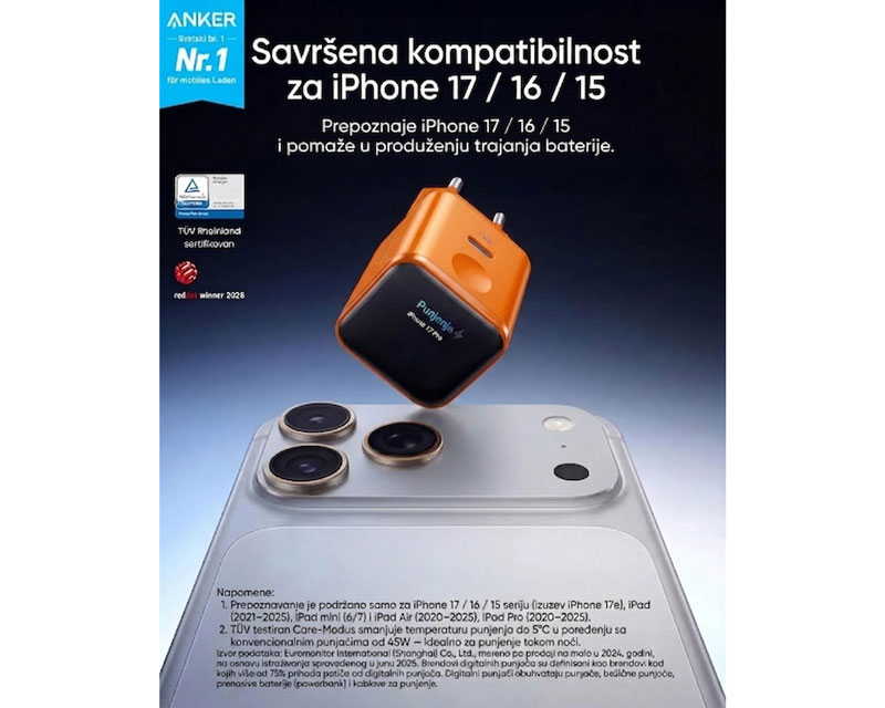 ANKER Nano 45W putni zidni punjač sa ekranom, USB-C port, narandžasti - Слика 5